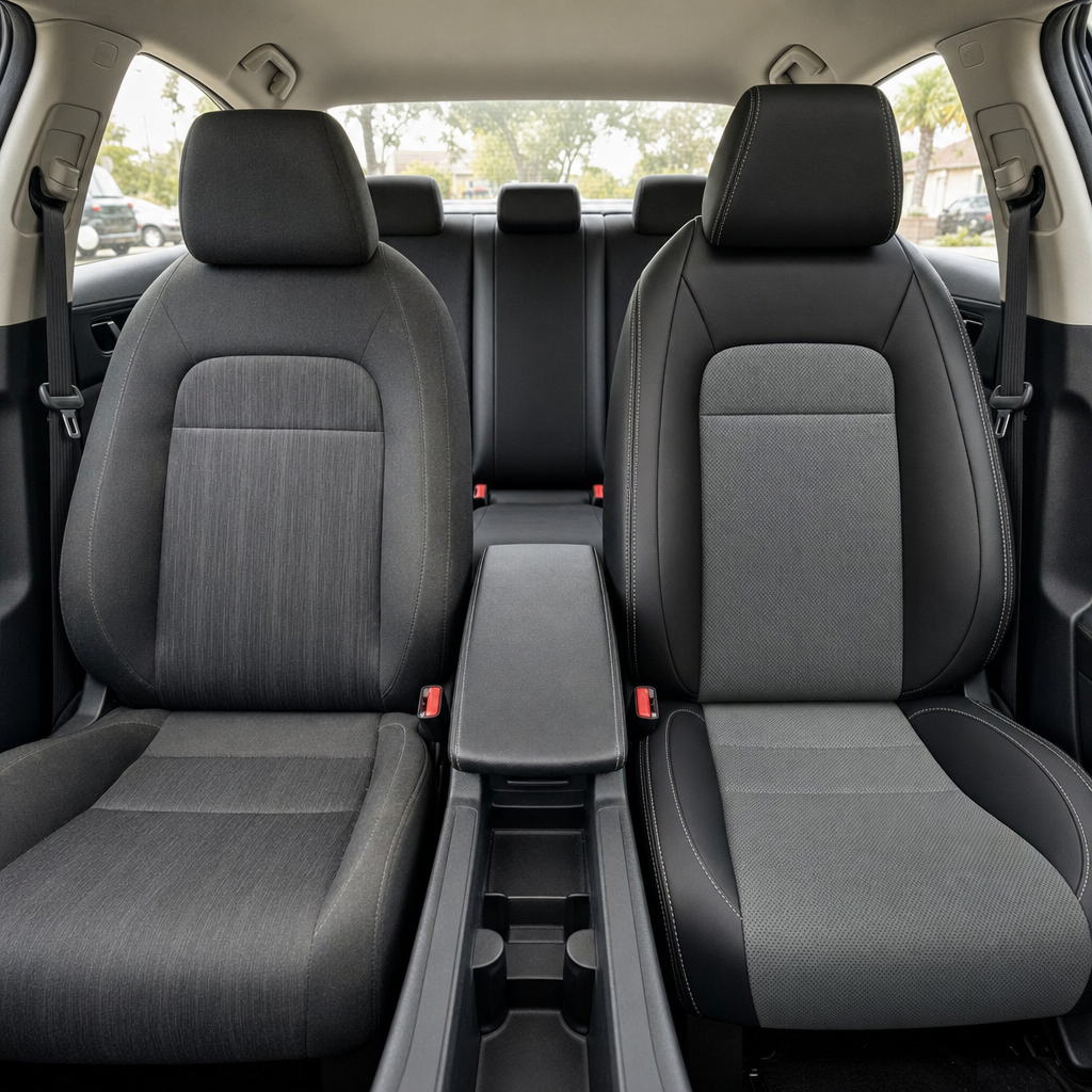  Before-and-after front in-cabin view of a 2022–2026 Honda Civic: left shows the original gray cloth front seat, while right shows the upgraded Leatherteck leather seat upholstery in black with Pumice combination center inserts, perforated Pumice inserts, and Pumice contrast stitching, with the center console, armrest, cupholders, rear seat, headrests, seatbelts, side windows, and black interior trim visible.