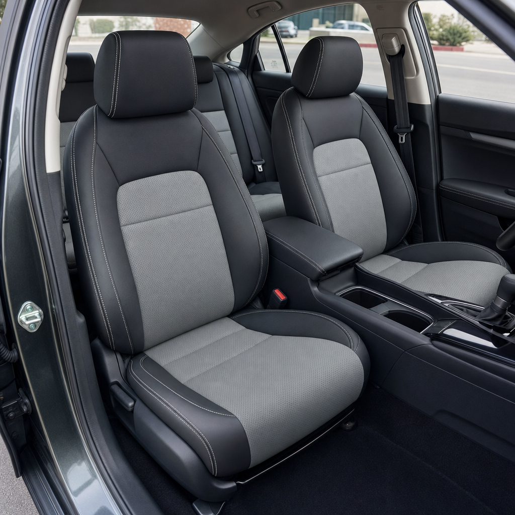 Front in-cabin view of a 2022–2026 Honda Civic with Leatherteck leather seat upholstery installed in black, featuring Pumice combination center inserts, perforated Pumice inserts, and Pumice contrast stitching, shown from the open driver-side door with both front bucket seats, headrests, center console, cupholders, shifter, rear seat, door panel, and black interior trim visible.