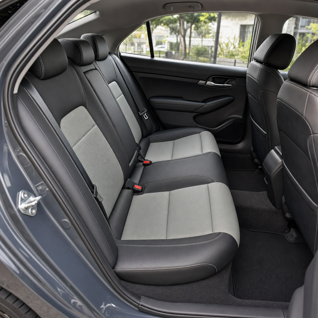 Rear in-cabin view of a 2022–2026 Honda Civic with Leatherteck rear seat upholstery installed in black, featuring Pumice combination center inserts, perforated Pumice inserts, and Pumice contrast stitching, shown from the open rear door with the rear bench seat, three headrests, seatbelts, buckles, front seatbacks, rear door panel, side window, and black interior trim visible.
