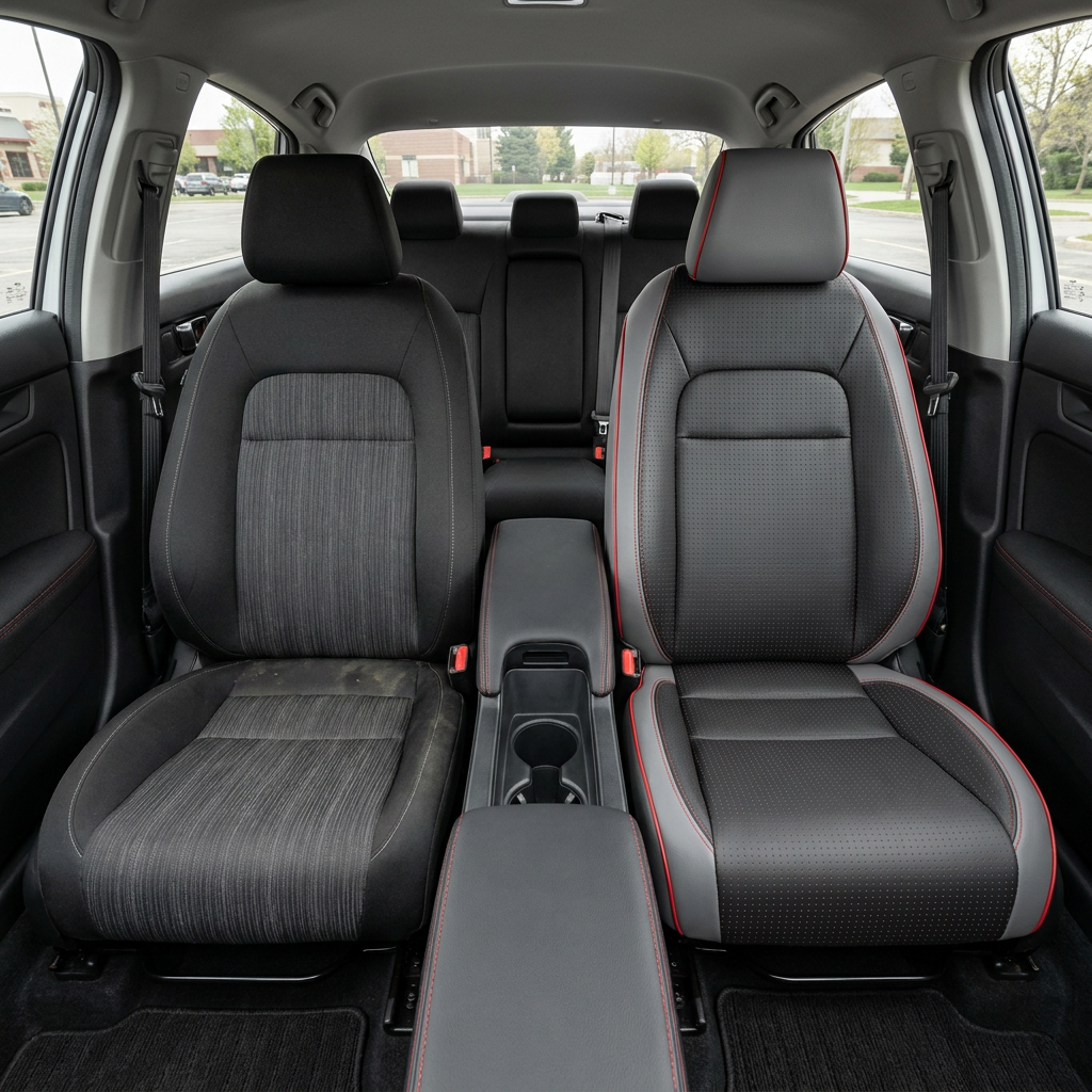Before-and-after front in-cabin view of a 2022–2026 Honda Civic: left shows the original black cloth front seat, while right shows the upgraded Leatherteck leather seat upholstery in Lunar Grey with square perforated Flint panels, red contrast stitching, and red piping, with the center console, cupholders, rear seat, door panels, side windows, and black interior trim visible.