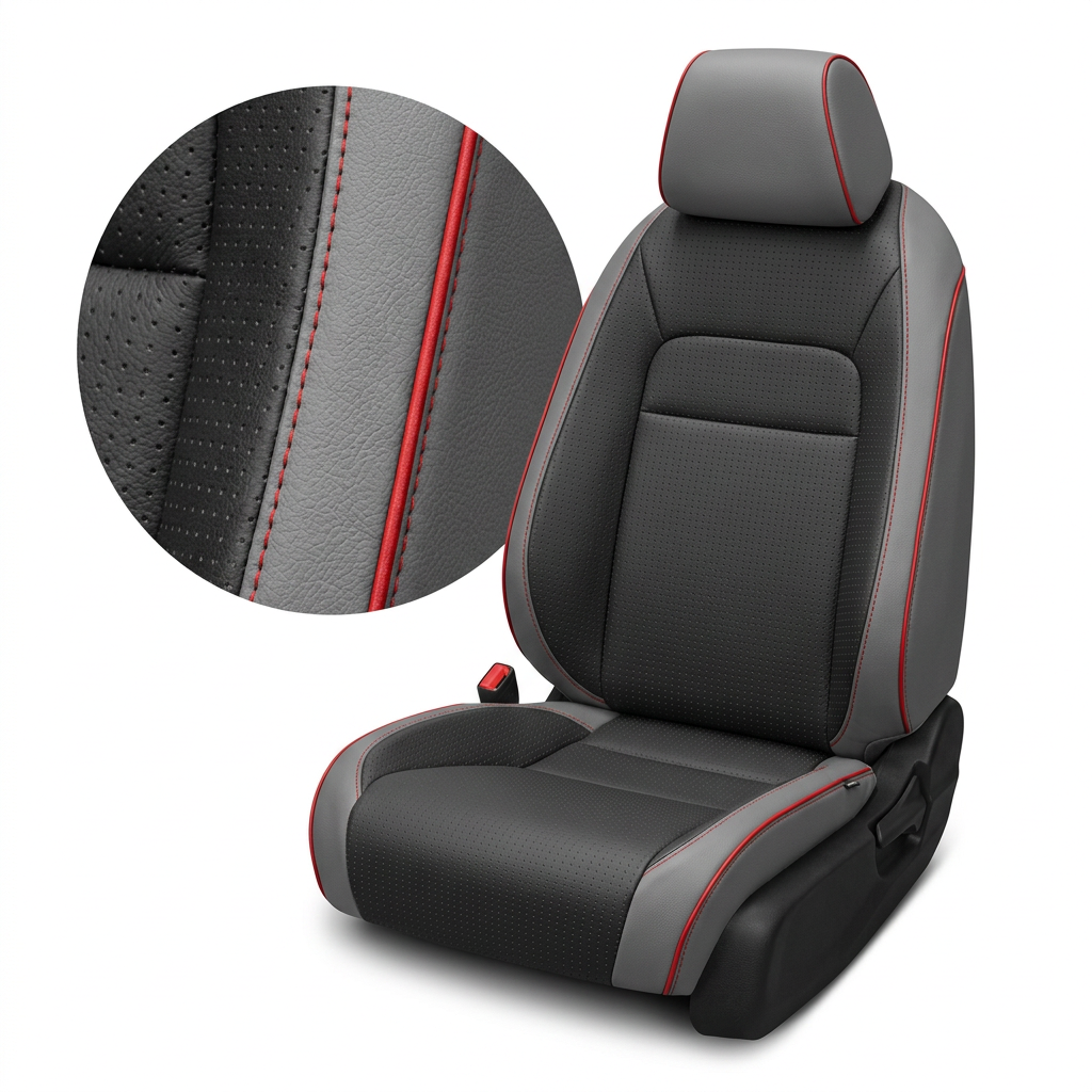 Close-up product image of a 2022–2026 Honda Civic Leatherteck leather seat upholstery kit in Lunar Grey with square perforated Flint panels, red contrast stitching, and red piping, shown on a front bucket seat against a white background with a circular zoom inset highlighting the perforation pattern, leather-grain texture, red piping, and double-stitched seam detail.