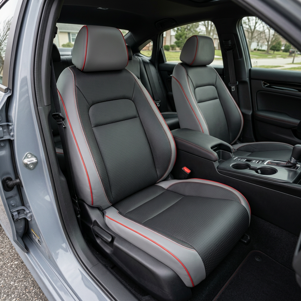 Front in-cabin view of a 2022–2026 Honda Civic with Leatherteck leather seat upholstery installed in Lunar Grey, featuring square perforated Flint panels, red contrast stitching, and red piping, shown from the open driver-side door with the front bucket seats, headrests, center console, cupholders, shifter, rear seat, door panel, and black interior trim visible.