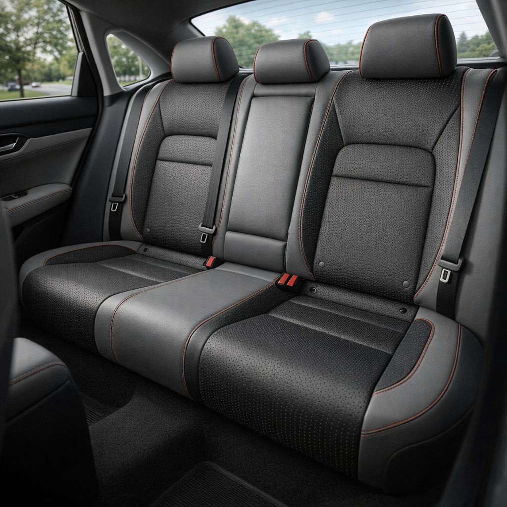 Rear in-cabin view of a 2022–2026 Honda Civic with Leatherteck rear seat upholstery installed in Lunar Grey, featuring square perforated Flint panels, red contrast stitching, and red piping, with the rear bench seat, three headrests, seatbelts, buckles, rear door panel, side window, rear window, and black interior trim visible.