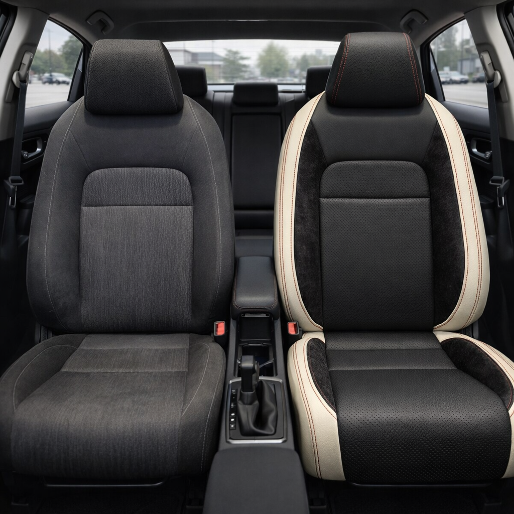 Before-and-after front in-cabin view of a 2022–2026 Honda Civic: left shows the original dark gray cloth front seat, while right shows the upgraded Leatherteck leather upholstery with Pearl White outer panels, black inserts, perforated combo seating sections, black suede accent panels, and red contrast stitching, with the center console, shifter, rear seat, headrests, side windows, and black interior trim visible.