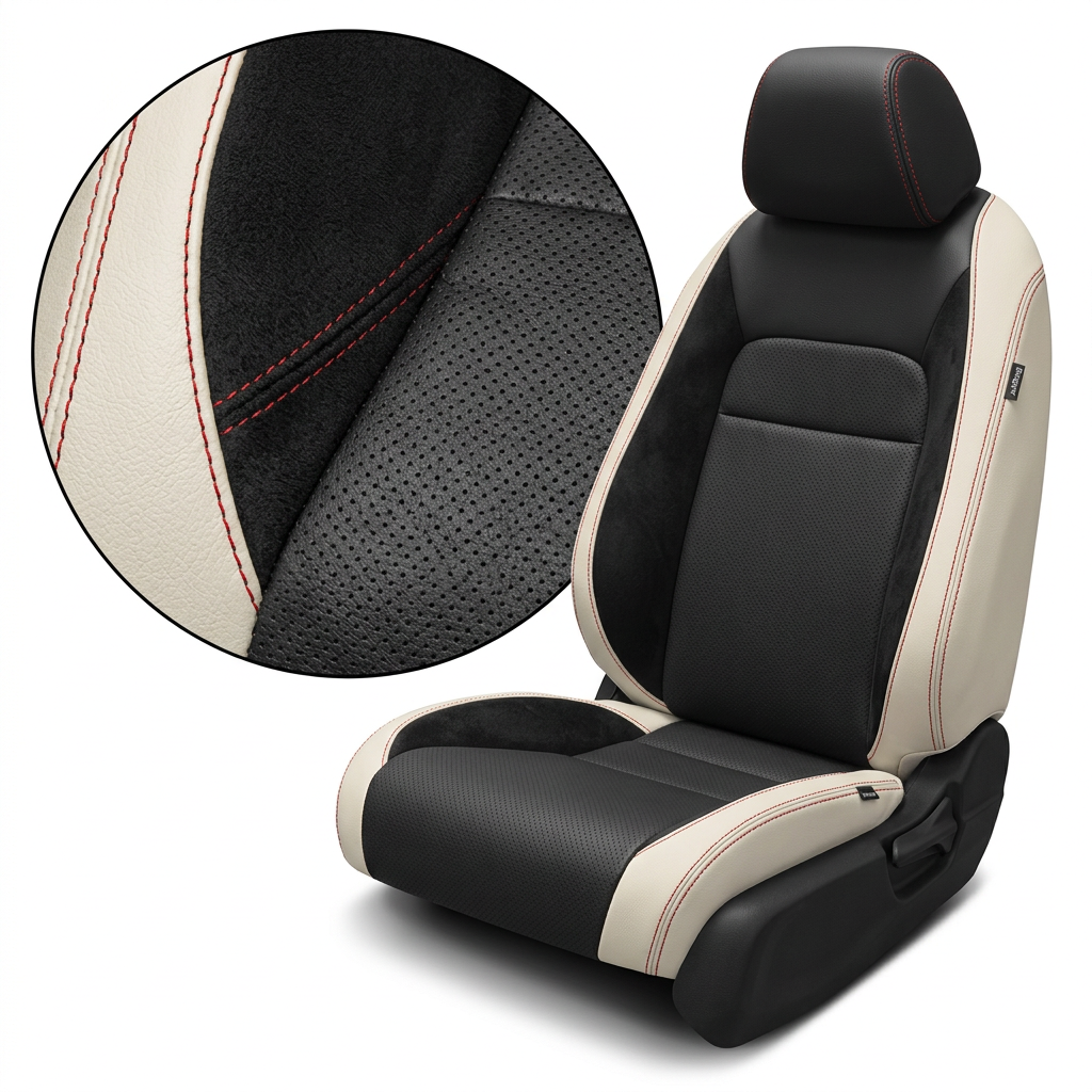  Close-up product image of a 2022–2026 Honda Civic Leatherteck leather seat cover featuring Pearl White outer panels, black perforated center inserts, black suede accent panels, and red contrast stitching, shown on a front bucket seat against a white background with a circular zoom inset highlighting the perforation pattern, suede texture, leather grain, and stitched seam detail.