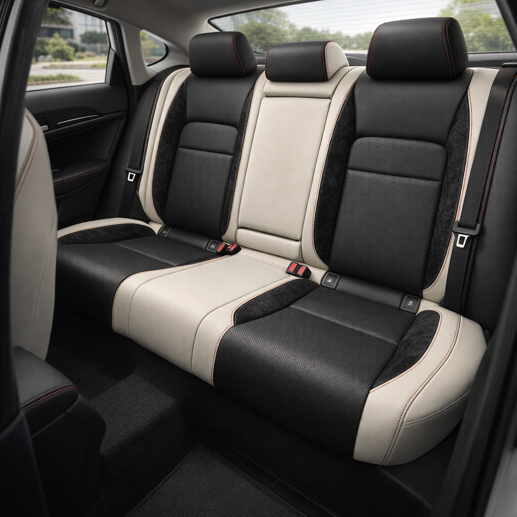 Rear in-cabin view of a 2022–2026 Honda Civic with Leatherteck rear seat upholstery installed, featuring Pearl White outer panels, black inserts, perforated Pearl combo sections, black suede accent panels, and red contrast stitching, shown with three rear headrests, seatbelts, buckles, rear door panel, side windows, and black interior trim visible.