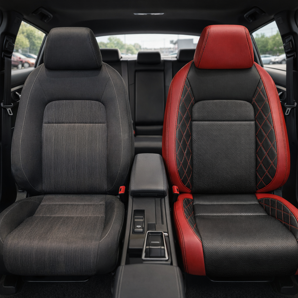 Before-and-after front in-cabin view of a 2022–2026 Honda Civic: left shows the original dark gray cloth front seat, while right shows the upgraded Leatherteck leather seat upholstery with a red and black design, perforated combo inserts, diamond-quilted black accent panels, and black stitching, with the center console, rear seat, headrests, side windows, and black interior trim visible.