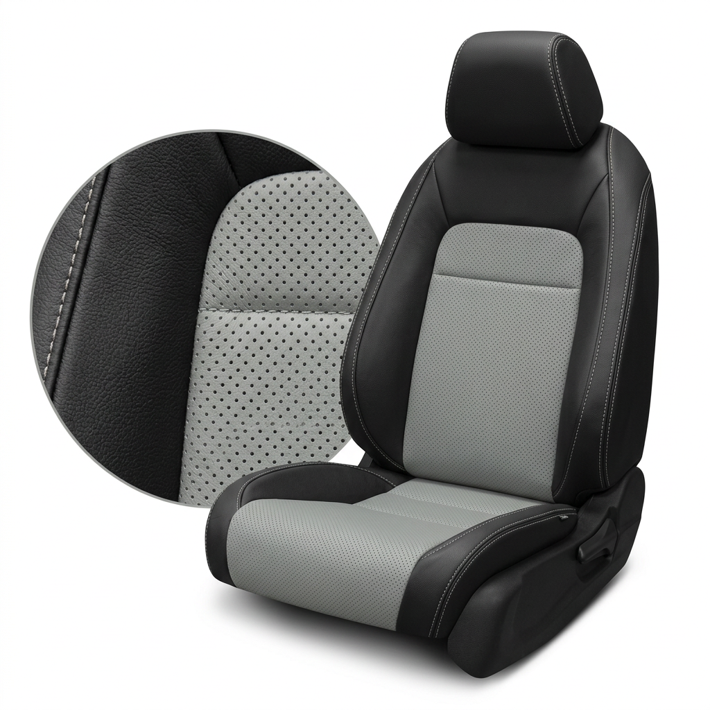  Close-up product image of a 2022–2026 Honda Civic Leatherteck leather seat upholstery kit in black with Pumice combination center inserts, perforated Pumice inserts, and Pumice contrast stitching, shown on a front bucket seat against a white background with a circular zoom inset highlighting the perforation pattern, leather-grain texture, panel transition, and stitched seam detail.