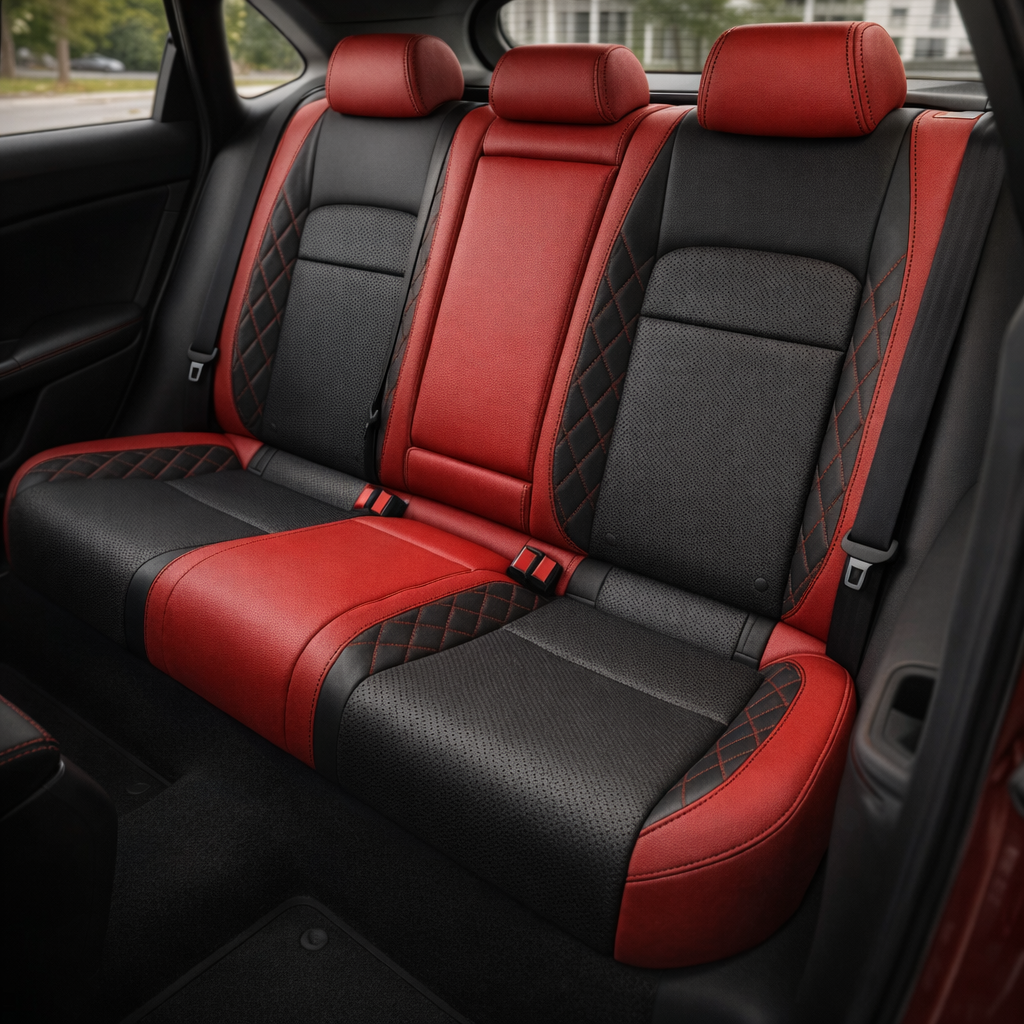 Rear in-cabin view of a 2022–2026 Honda Civic with Leatherteck rear seat upholstery installed, featuring red outer bolsters, black perforated body inserts, black diamond-quilted accent panels, and red contrast stitching, with three rear headrests, seatbelts, buckles, side windows, rear window, and black interior trim visible.