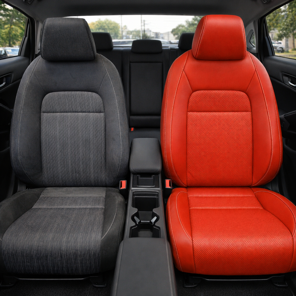 Before-and-after front in-cabin view of a 2022–2026 Honda Civic: left shows the original dark gray cloth front seat, while right shows the upgraded Leatherteck leather seat upholstery in Salsa Red with perforated combo inserts and Stone contrast stitching, with the center console, cupholders, rear seat, side windows, and black interior trim visible.