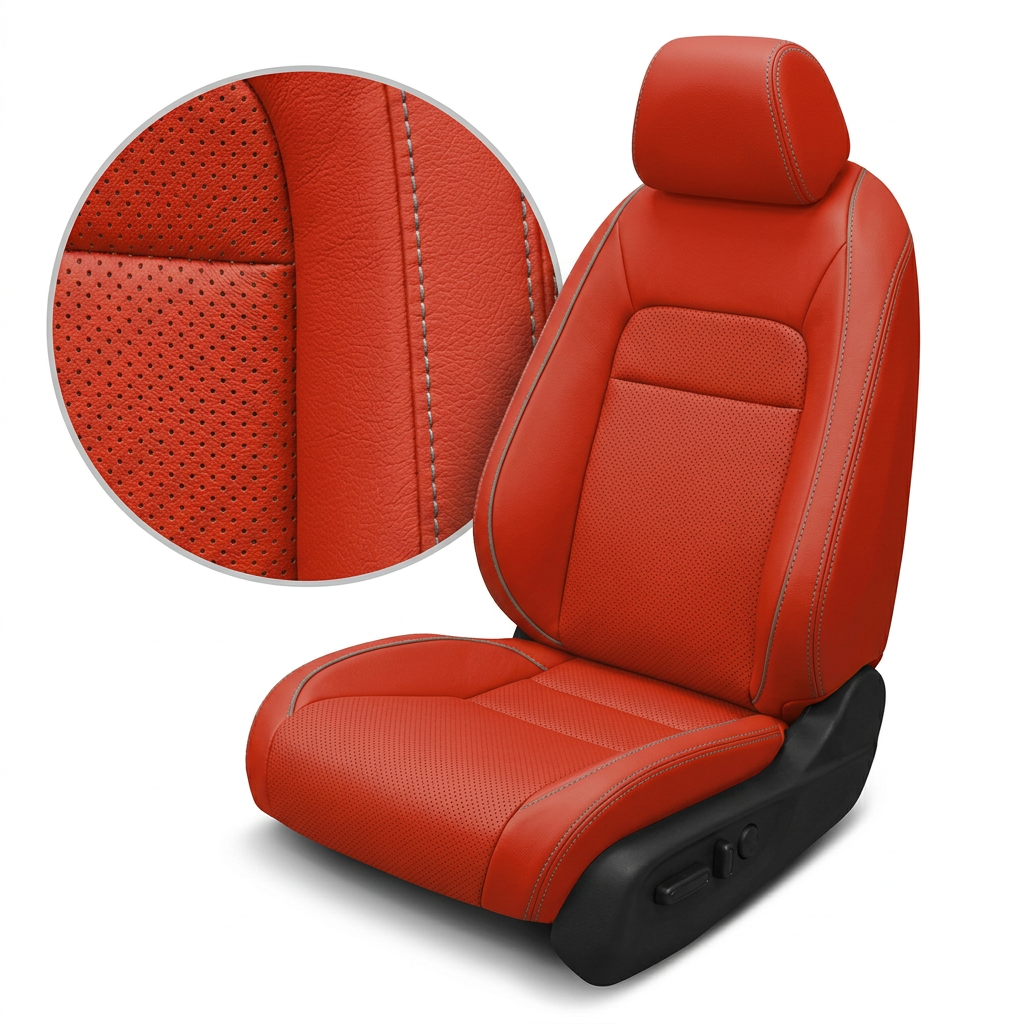 Close-up product image of a 2022–2026 Honda Civic Leatherteck leather seat upholstery kit in Salsa Red, featuring perforated combo inserts and Stone contrast stitching, shown on a white background with a circular zoom inset highlighting the perforation pattern, leather-grain texture, and double-stitched seam detail.