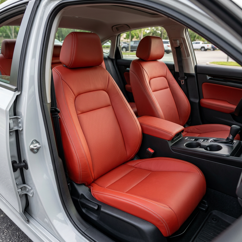 Front in-cabin view of a 2022–2026 Honda Civic with Leatherteck leather seat upholstery installed in Salsa Red, featuring perforated combo inserts and Stone contrast stitching, shown from the open driver-side door with the front bucket seats, headrests, center console, cupholders, shifter, door panel, rear seat, and black interior trim visible.