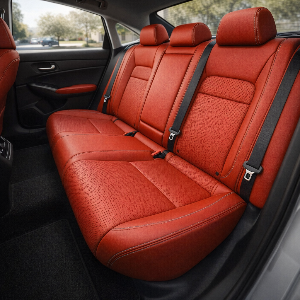 Rear in-cabin view of a 2022–2026 Honda Civic with Leatherteck rear seat upholstery installed in Salsa Red, featuring perforated combo inserts and Stone contrast stitching, with the rear bench seat, three headrests, seatbelts, buckles, rear door panel, side window, rear window, and black interior trim visible.