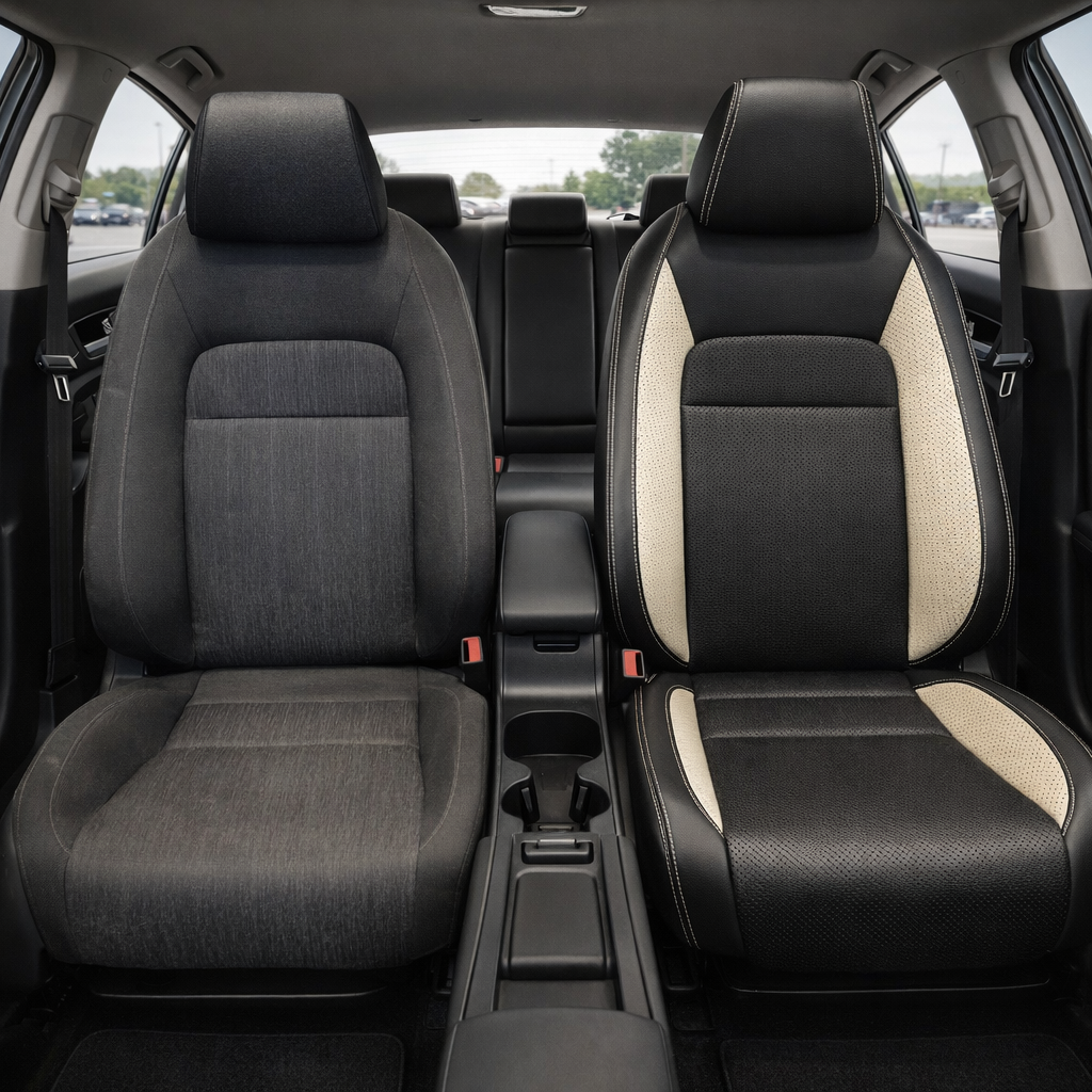 Before-and-after front in-cabin view of a 2022–2026 Honda Civic: left shows the original gray cloth front seat, while right shows the upgraded Leatherteck leather seat upholstery kit in black with Pearl White inserts and Pearl White contrast stitching, with the center console, cupholders, rear seat, side windows, and black interior trim visible.

