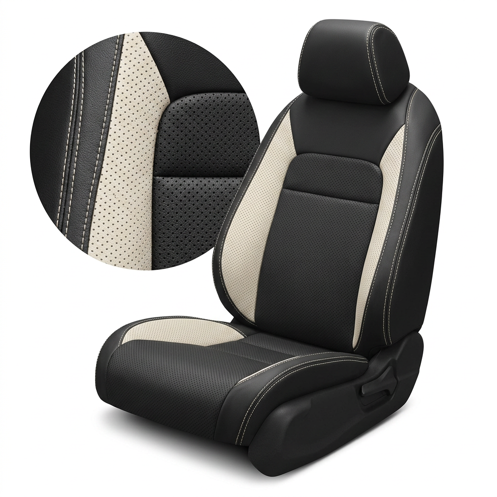 Close-up product image of a 2022–2026 Honda Civic Leatherteck leather seat upholstery kit on a white background, featuring black upholstery with Pearl White perforated inserts and Pearl White contrast stitching, with a circular zoom inset highlighting the perforation pattern, leather-grain texture, and stitched seam detail.

