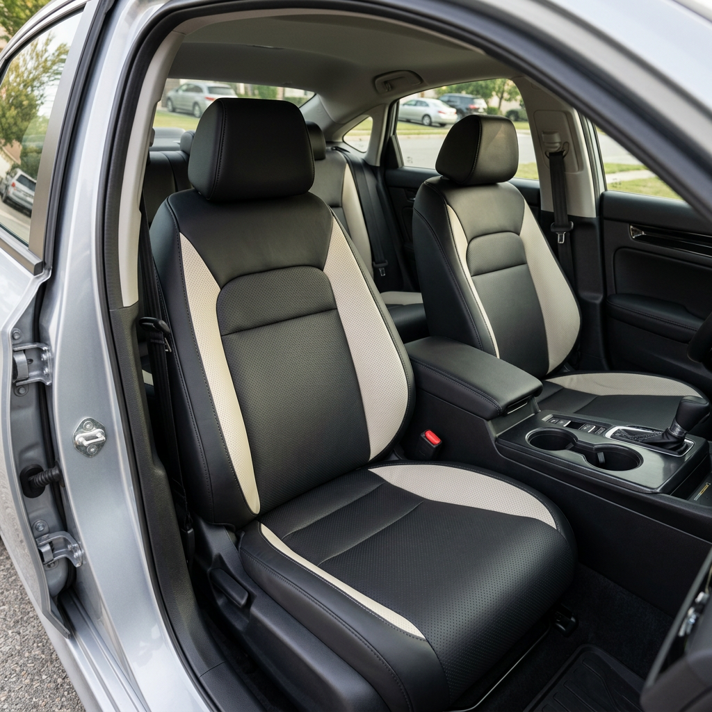 Front in-cabin view of a 2022–2026 Honda Civic with Leatherteck leather seat upholstery installed in black, featuring Pearl White perforated inserts and Pearl White contrast stitching, shown from the open driver-side door with the front bucket seats, headrests, center console, cupholders, shifter, rear seat, side window, and black interior trim visible.

