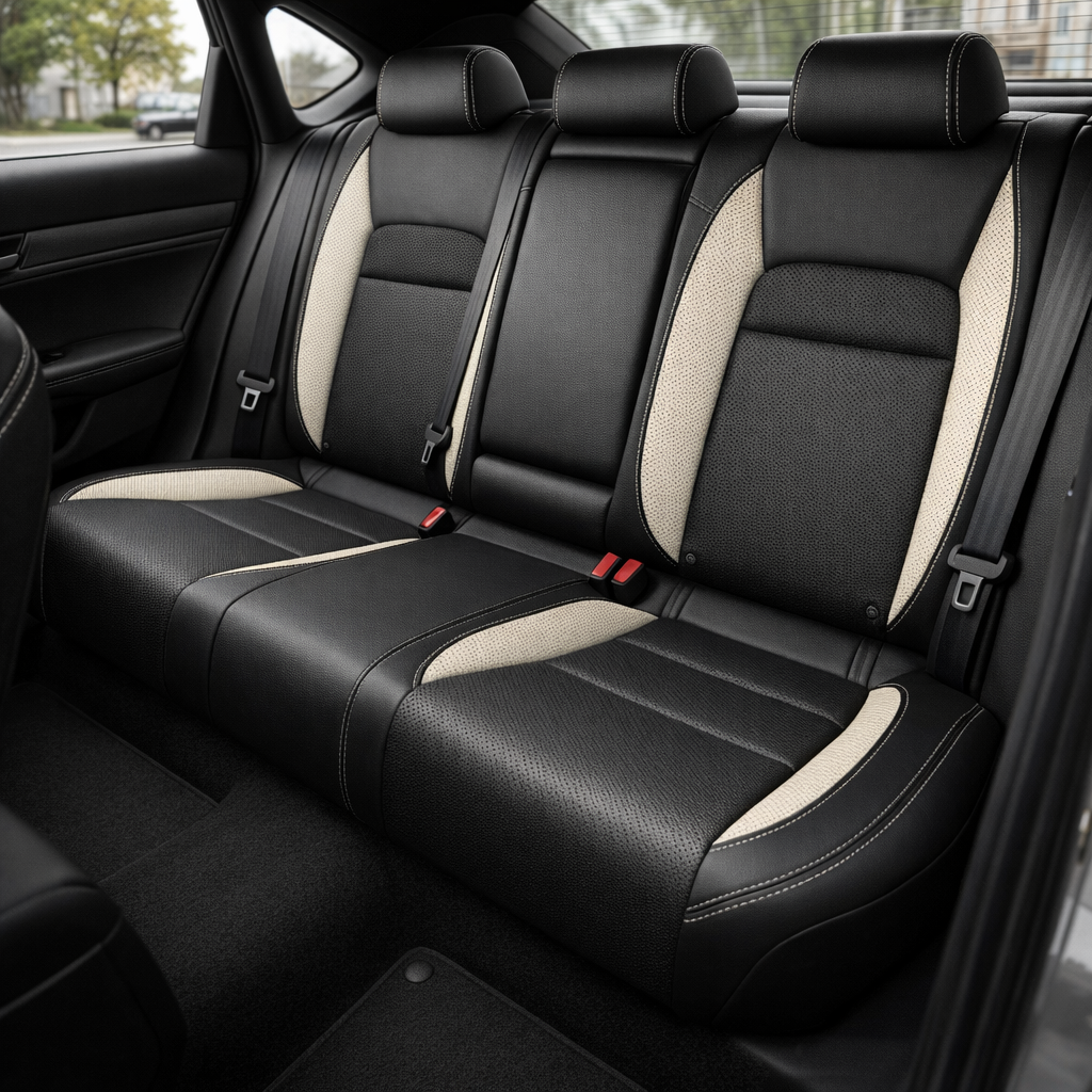  Rear in-cabin view of a 2022–2026 Honda Civic with Leatherteck rear seat upholstery installed in black, featuring Pearl White perforated inserts and Pearl White contrast stitching, with the rear bench seat, three headrests, seatbelts, buckles, rear door panel, side window, rear window, and black interior trim visible.