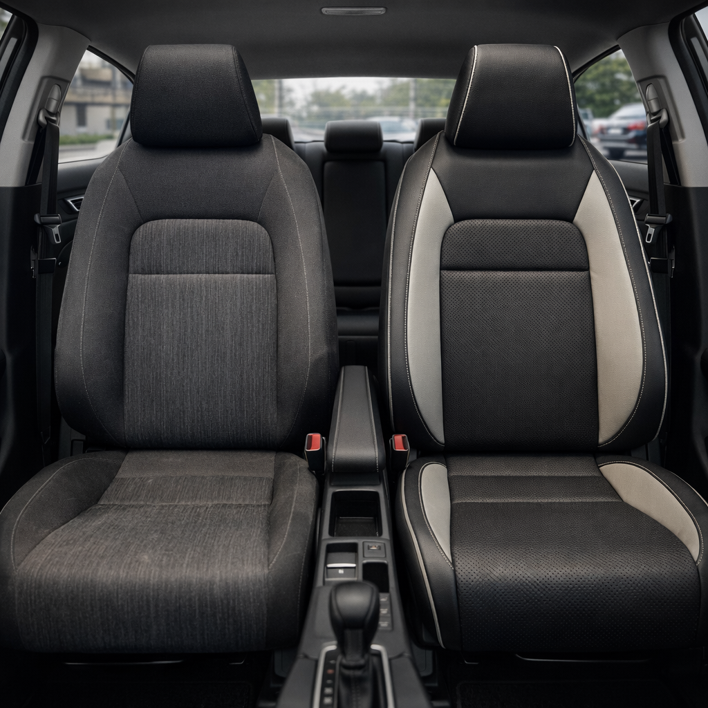  Before-and-after front in-cabin view of a 2022–2026 Honda Civic: left shows the original gray cloth front seat, while right shows the upgraded Leatherteck leather seat upholstery kit in black with perforated combination inserts, Pumice wings, Pumice contrast stitching, and Pumice piping, with the center console, shifter, cupholders, rear seat, side windows, and black interior trim visible.