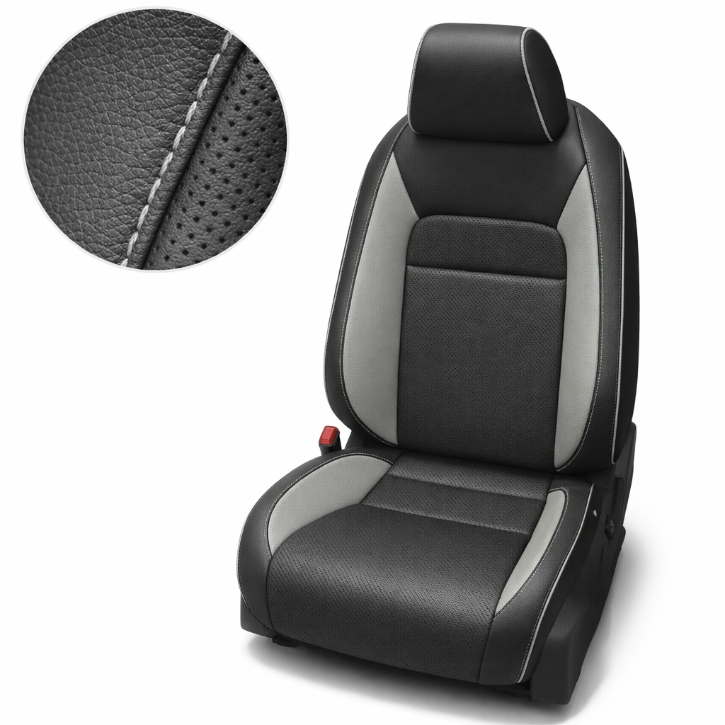Close-up product image of a 2022–2026 Honda Civic Leatherteck leather seat upholstery kit on a white background, featuring black upholstery with perforated combination inserts, Pumice wings, Pumice contrast stitching, and Pumice piping, with a circular zoom inset highlighting the leather-grain texture, perforation pattern, and stitched seam detail.