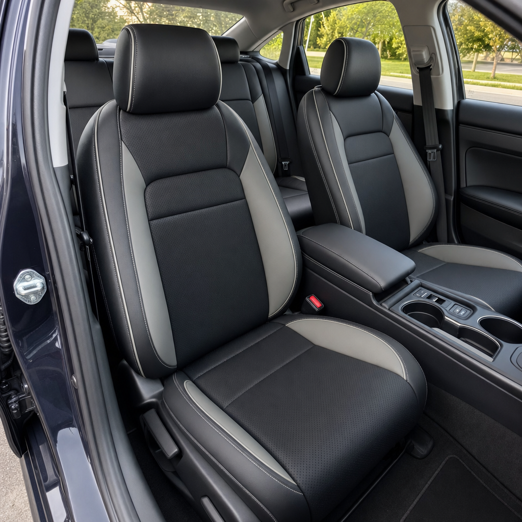 Front in-cabin view of a 2022–2026 Honda Civic with Leatherteck leather seat upholstery installed in black, featuring perforated combination inserts, Pumice wings, Pumice contrast stitching, and Pumice piping, shown from the open driver-side door with the front bucket seats, headrests, center console, cupholders, rear seat, side windows, and black interior trim visible.