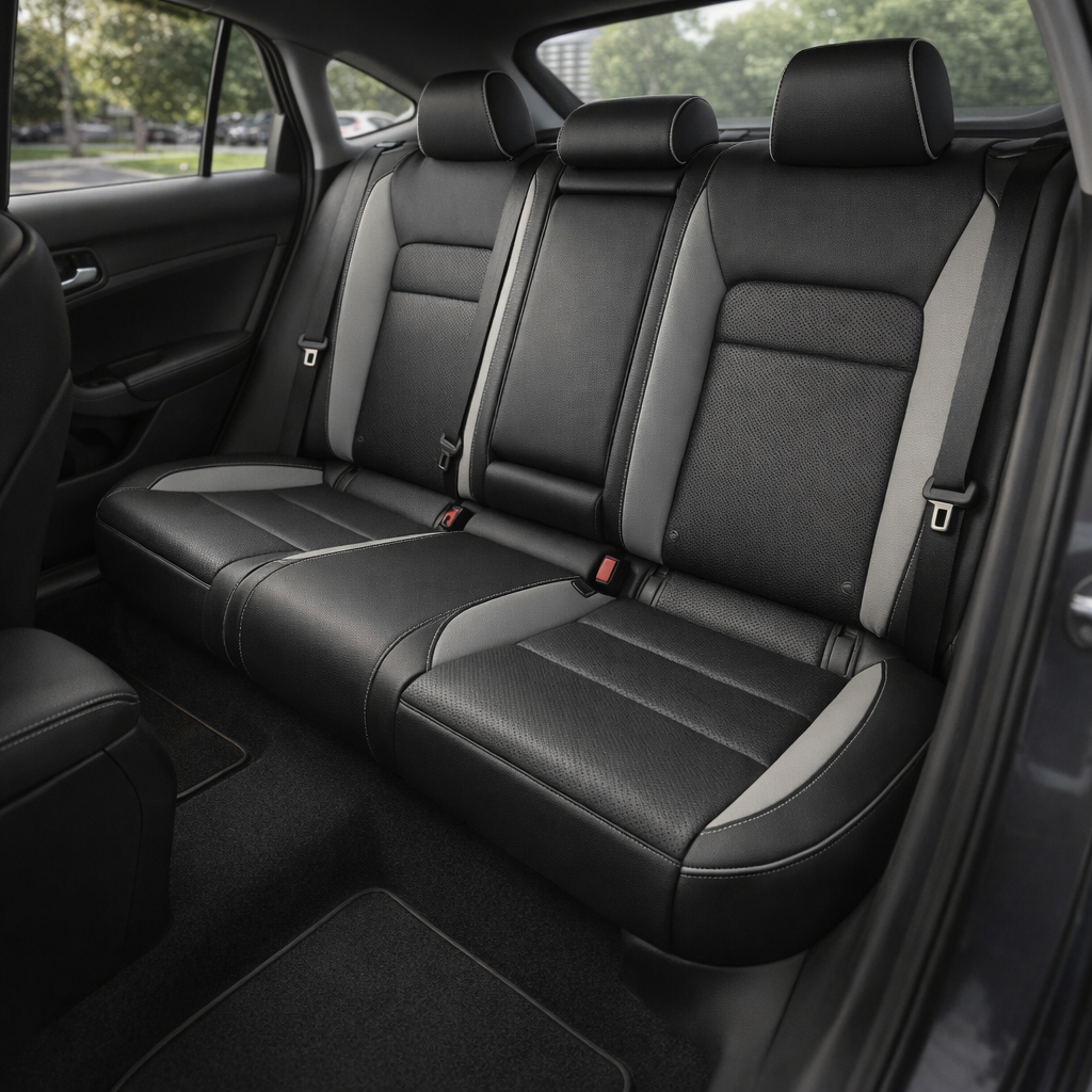  Rear in-cabin view of a 2022–2026 Honda Civic with Leatherteck rear seat upholstery installed in black, featuring perforated combination inserts, Pumice wings, Pumice contrast stitching, and Pumice piping, with the rear bench seat, three headrests, seatbelts, buckles, rear door panel, side window, rear window, front seatback, and black interior trim visible.