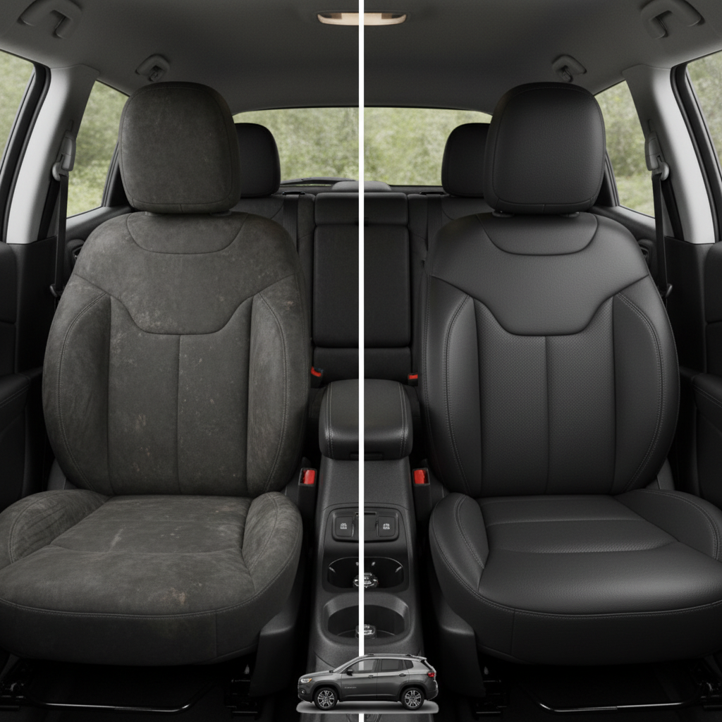 Before-and-after comparison of Jeep Compass front seats, showing original cloth seat upgraded to perforated leather upholstery.
