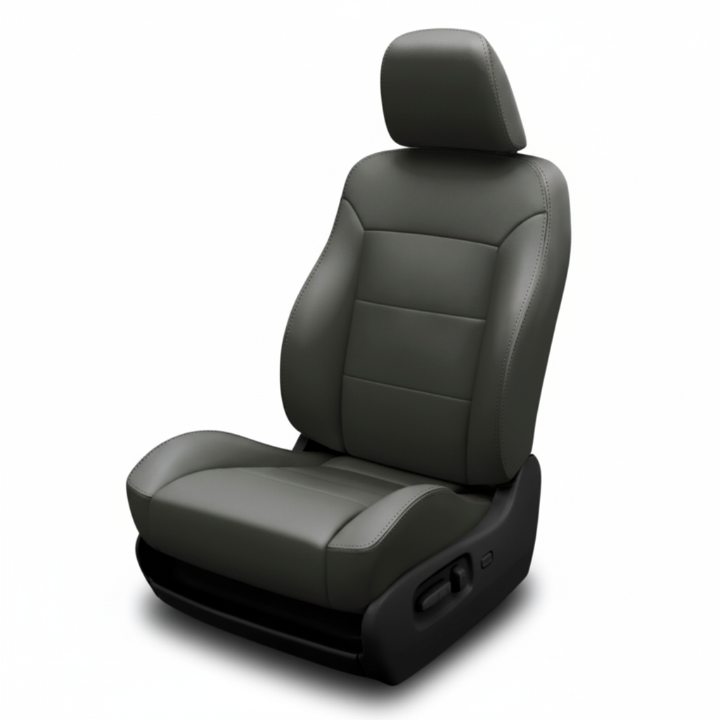 Dark gray leather car seat with smooth panels on a white background.
