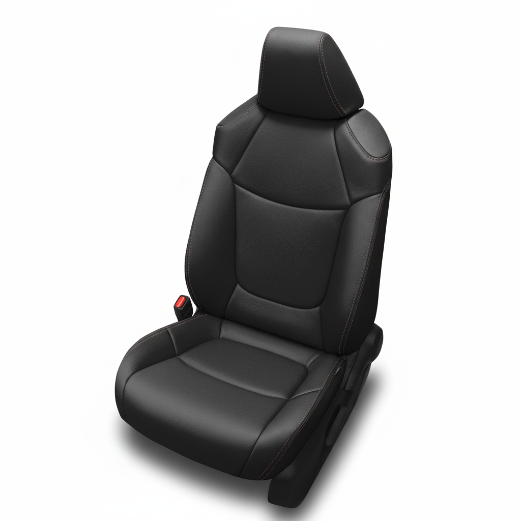 Dove gray leather car seat with matching stitching on a white background.
