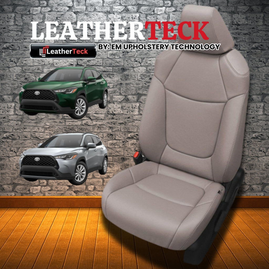 Gray leather car seat with 'LeatherTeck' branding and two Toyota cars in the background.