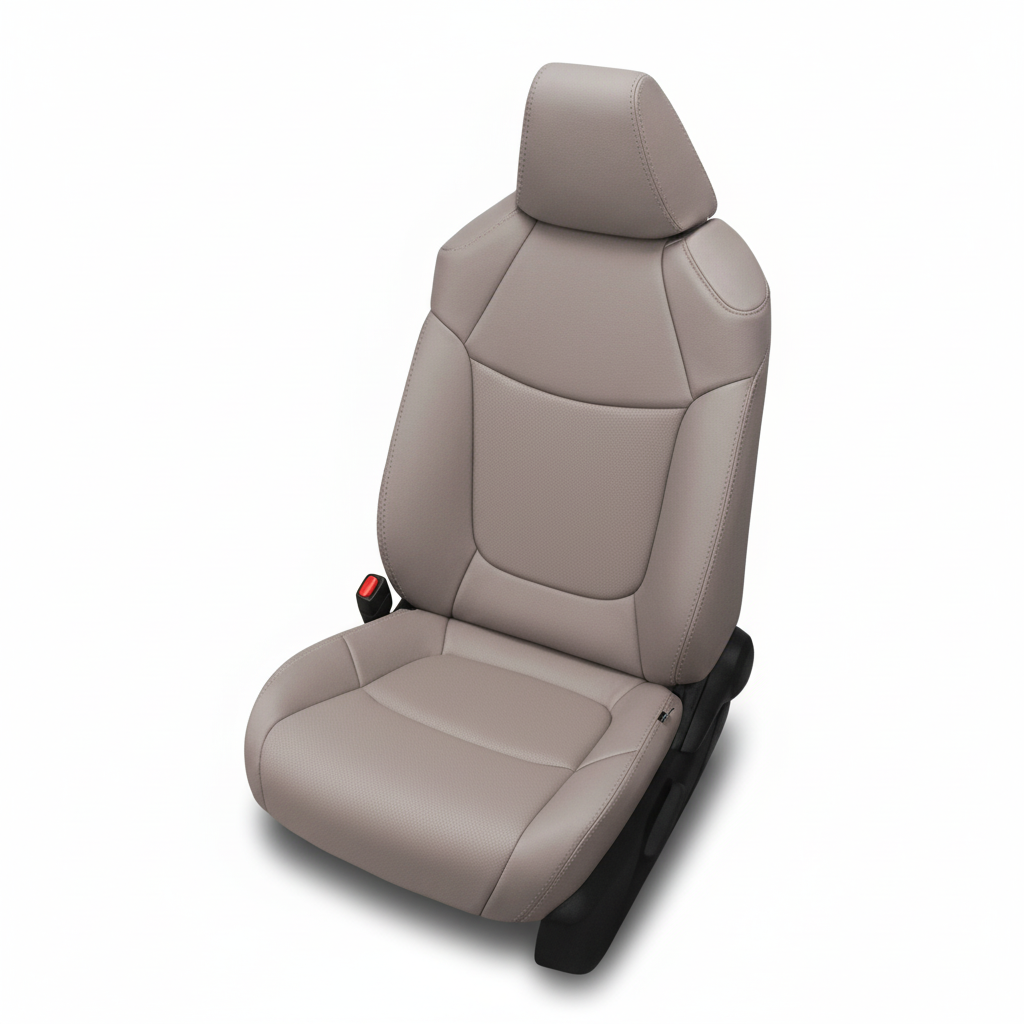 Dove gray leather car seat with matching stitching on a white background.
