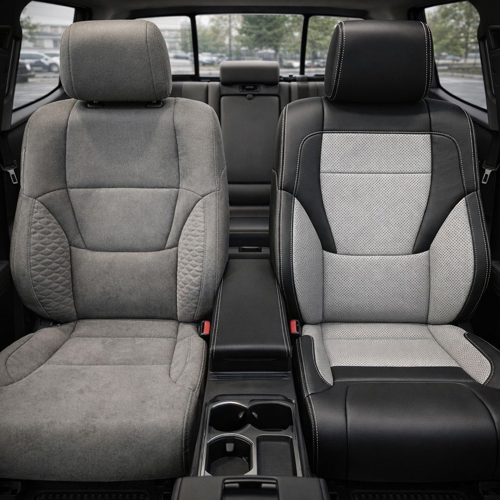 Before-and-after front in-cabin view of a 2022–2026 Toyota Tundra split side-by-side: the left front seat shows the factory gray cloth upholstery, while the right front seat shows the upgraded Leatherteck leather upholstery kit in black and cement gray with perforated cement gray center inserts, cement gray accent panels, and cement gray contrast stitching, with the center console, cupholders, rear bench seat, headrests, windows, seatbelt buckles, and black floor mats visible.