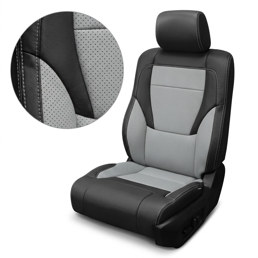 Close-up product image of a 2022–2026 Toyota Tundra Leatherteck leather upholstery kit in Black and Cement Gray, featuring black outer bolsters and headrest, perforated cement gray center inserts, cement gray accent panels, and cement gray contrast stitching, shown on a white background with a circular zoom inset highlighting the leather grain, perforation pattern, and double-stitched seam detail.