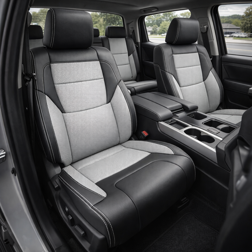  Front in-cabin view of a 2022–2026 Toyota Tundra with an installed Leatherteck leather upholstery kit in Black and Cement Gray, featuring black outer bolsters and headrests, perforated cement gray center seat inserts, cement gray side accent panels, and cement gray contrast stitching, shown with the front bucket seats, rear bench seat, center console, cupholders, armrest, door panels, seatbelt buckle, black carpet, and driver-side seat controls visible.