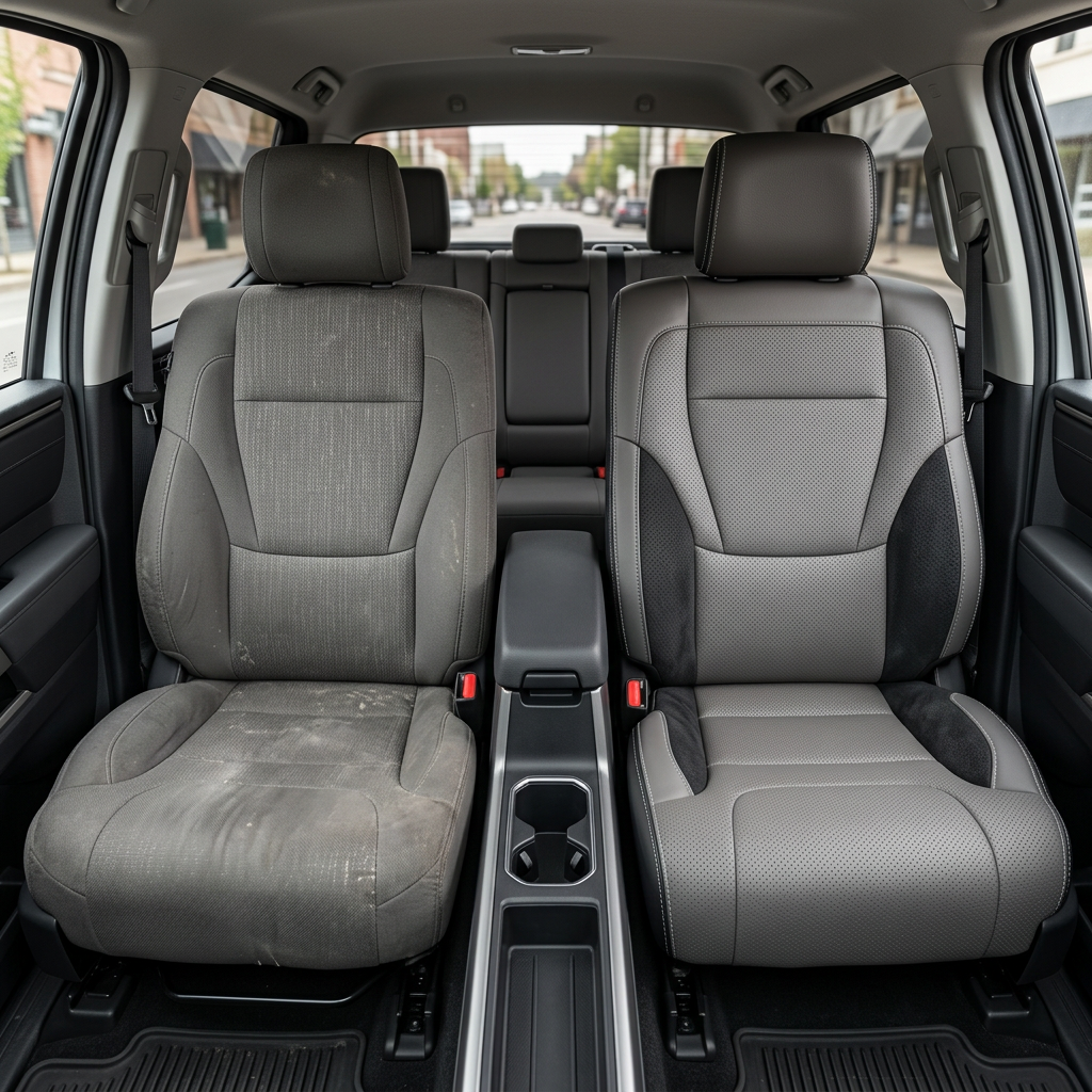 Before-and-after front in-cabin view of a 2022–2026 Toyota Tundra showing the factory gray cloth upholstery on the left front seat and the upgraded Leatherteck leather upholstery kit on the right front seat in Black and Light Gray with black suede insert accents and silver contrast stitching, featuring a light gray leather headrest, perforated light gray seatback and cushion panels, black suede side inserts, and matching trim, with the center console, cupholders, armrest, rear bench seat, seatbelt buckles, 