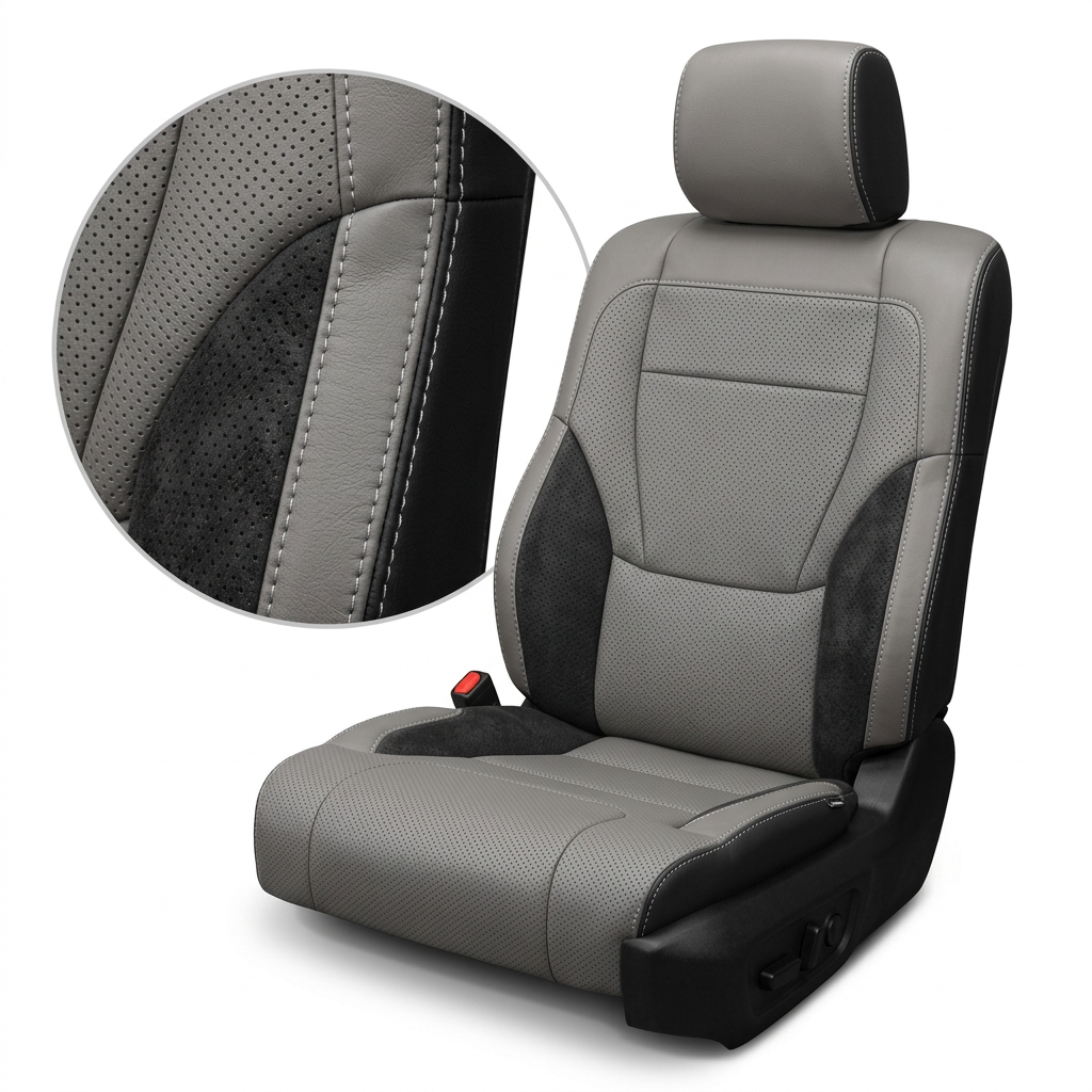 Close-up product image of a 2022–2026 Toyota Tundra Leatherteck leather upholstery kit in Black and Light Gray with black suede inserts and silver stitching, featuring a light gray headrest and seat panels, black suede accent inserts, perforated light gray center sections, and silver contrast stitching, shown on a white background with a circular zoom inset highlighting the leather grain, suede texture, perforation pattern, and double-stitched seam detail.