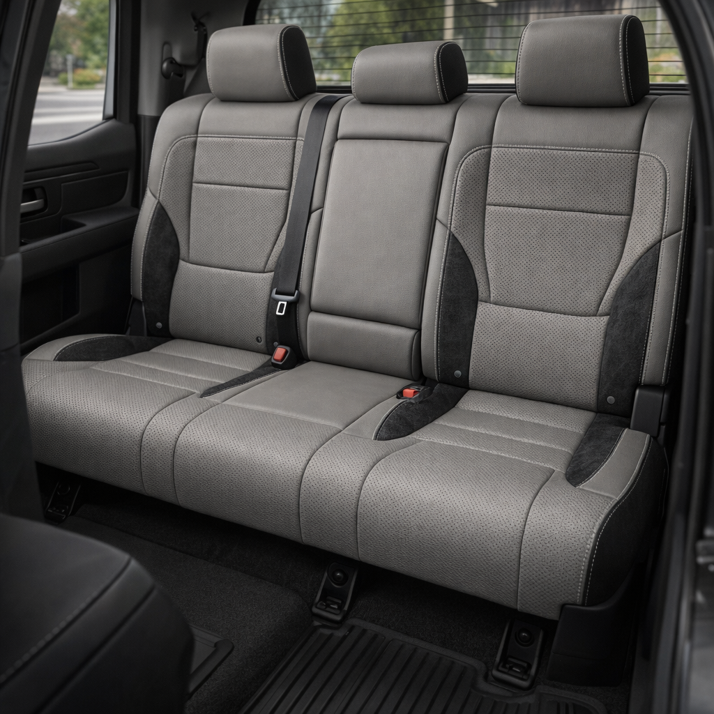 Rear in-cabin view of a 2022–2026 Toyota Tundra with an installed Leatherteck leather upholstery kit in Black and Light Gray, featuring a three-seat rear bench, light gray perforated seatback and cushion panels, black suede side inserts, black outer accents, and silver contrast stitching, shown with three matching headrests, seatbelts and red buckles, rear door panel, rear window, black carpet, and all-weather floor mat visible.