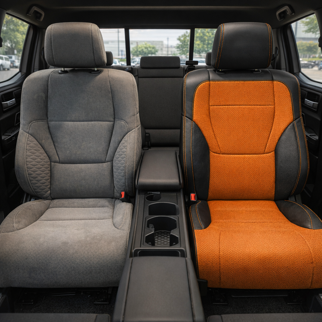 Before-and-after front in-cabin view of a 2022–2026 Toyota Tundra split side-by-side: the left front seat shows the factory gray cloth upholstery, while the right front seat shows the upgraded Leatherteck leather upholstery kit in black with Mango suede perforated inserts, Raven suede side panels, and Citrus Orange contrast stitching, with the center console, cupholders, rear bench seat, headrests, door panels, and black floor mats visible.