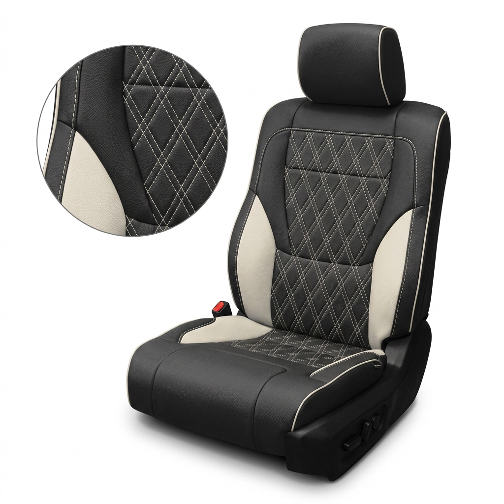  Close-up product image of a 2022–2026 Toyota Tundra Leatherteck leather upholstery kit in Black and Pearl White with double diamond-stitched insert panels, featuring a black leather seat cover, pearl white side accent panels, matching pearl piping, light contrast stitching, and a black headrest, shown on a white background with a circular zoom inset highlighting the leather grain, diamond stitch pattern, pearl accent panel, and double-stitched seam detail.