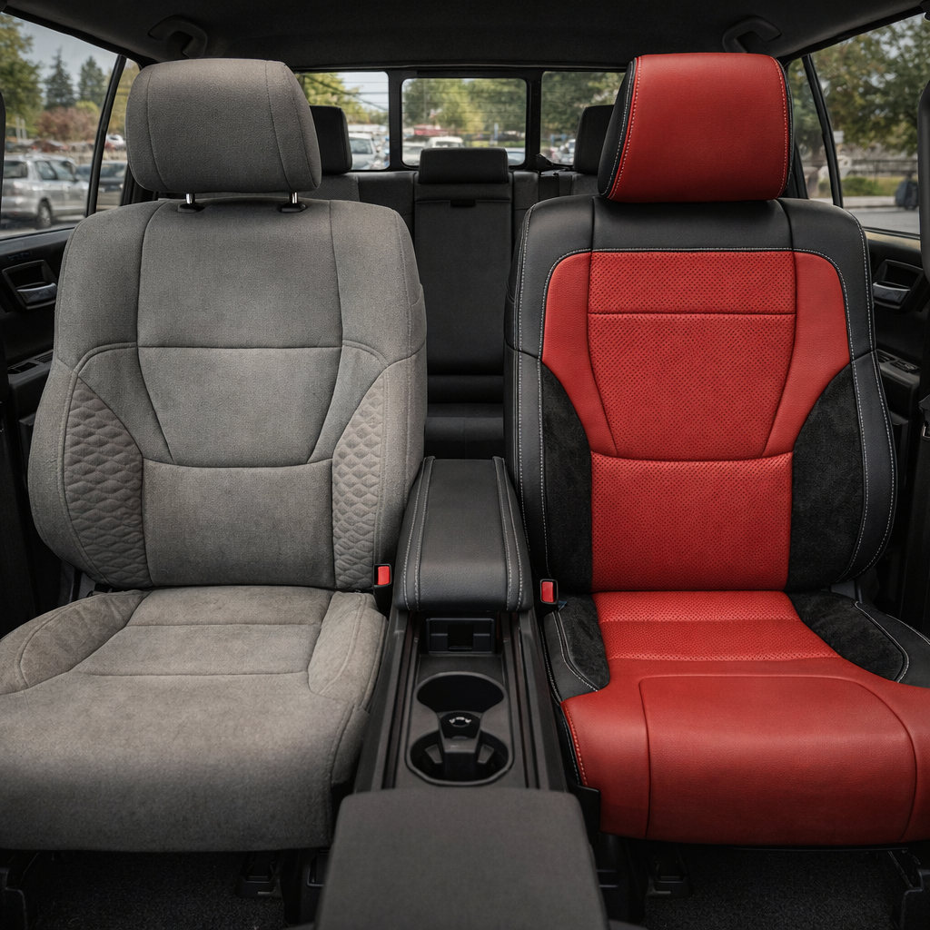 Before-and-after front in-cabin view of a 2022–2026 Toyota Tundra showing the factory gray cloth upholstery on the left front seat and the upgraded Leatherteck leather upholstery kit on the right front seat in Black and Red with black suede inserts, carbon-fiber-style accent panels, and silver contrast stitching, featuring a red headrest, red perforated seatback and cushion panels, black leather side bolsters, black suede lower side inserts, and bright stitched seam details, with the center console, cuphold