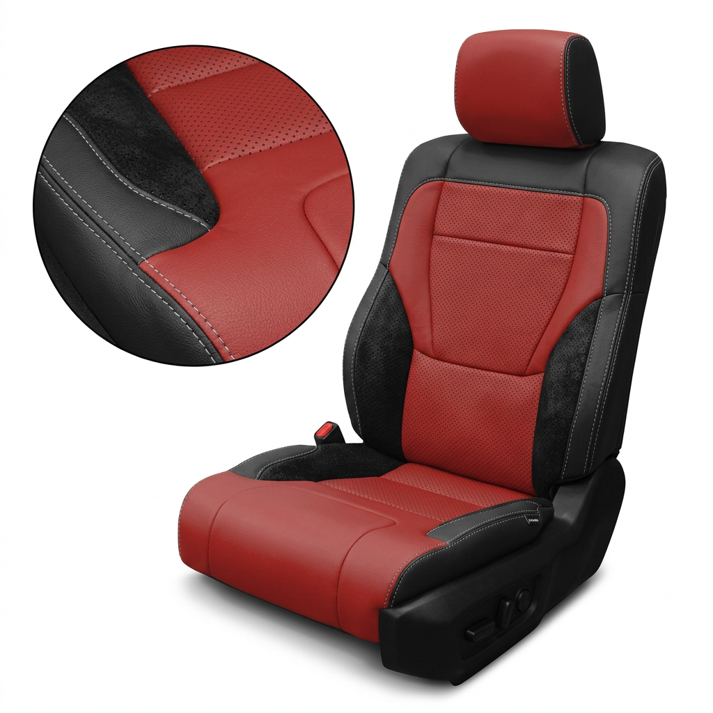  Close-up product image of a 2022–2026 Toyota Tundra Leatherteck leather upholstery kit in Black and Red with black suede inserts, carbon-fiber-style accent panels, and silver stitching, featuring a red headrest, red perforated seatback and cushion inserts, black leather bolsters, black suede side accents, and bright silver contrast seam details, shown on a white background with a circular zoom inset highlighting the leather grain, perforation pattern, suede texture, and double-stitched seam detail.