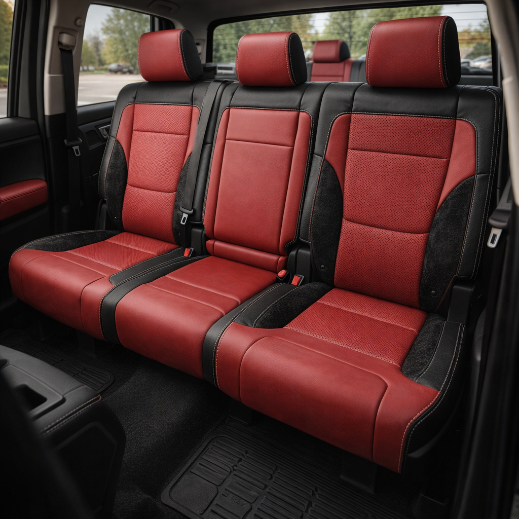 Rear in-cabin view of a 2022–2026 Toyota Tundra with an installed Leatherteck leather upholstery kit in Black and Red with black suede inserts, carbon-fiber-style accent panels, and silver stitching, featuring a three-seat rear bench, red headrests, red perforated seatback and cushion panels, black leather upper bolsters, black suede side insert accents, and bright silver contrast seam details, shown with the rear door trim, seatbelts, red seatbelt buckles, front console edge, black carpet, and all-weather 