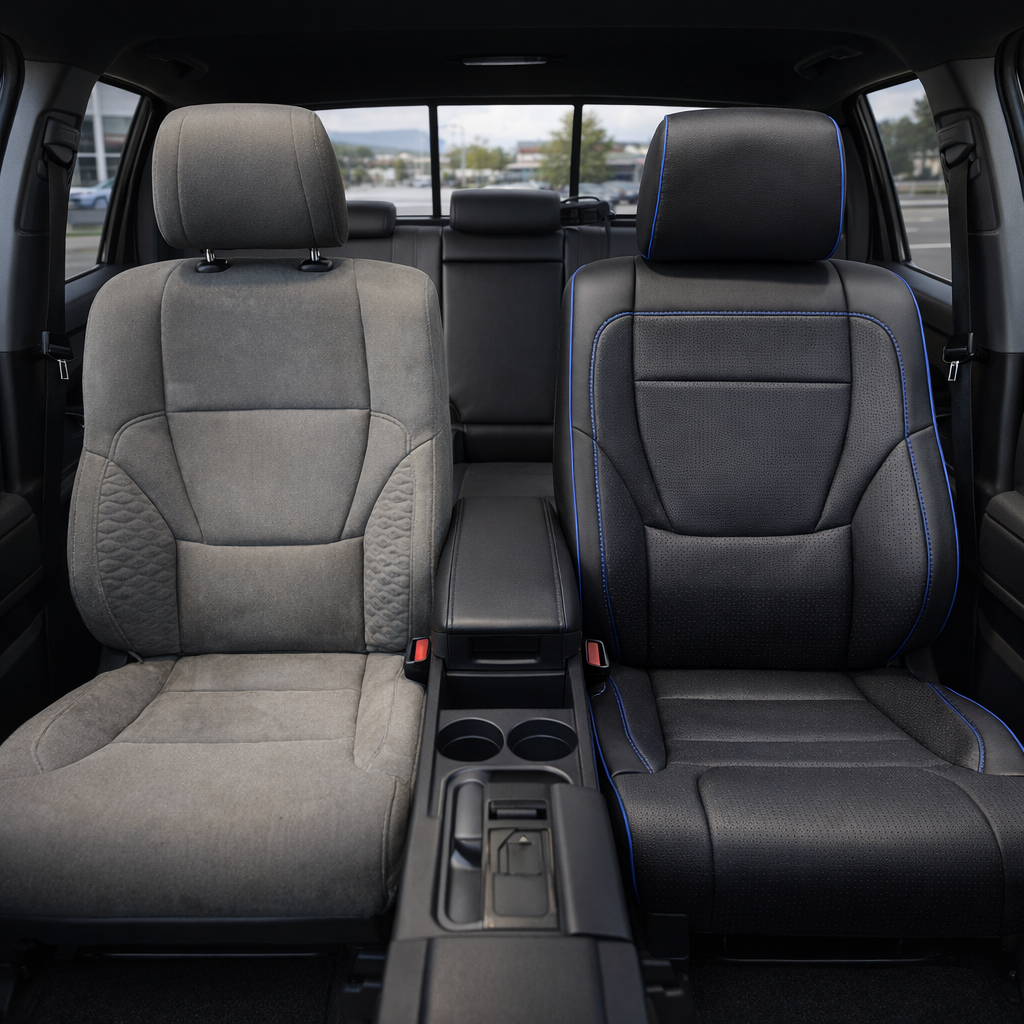  Before-and-after front in-cabin view of a 2022–2026 Toyota Tundra split side-by-side: the left front seat shows the factory gray cloth upholstery, while the right front seat shows the upgraded Leatherteck leather upholstery kit in black with square-perforated blue accents, cobalt contrast stitching, and cobalt edge piping, with the center console, cupholders, armrest, rear bench seat, headrests, rear window, seatbelt buckles, and black interior trim visible.