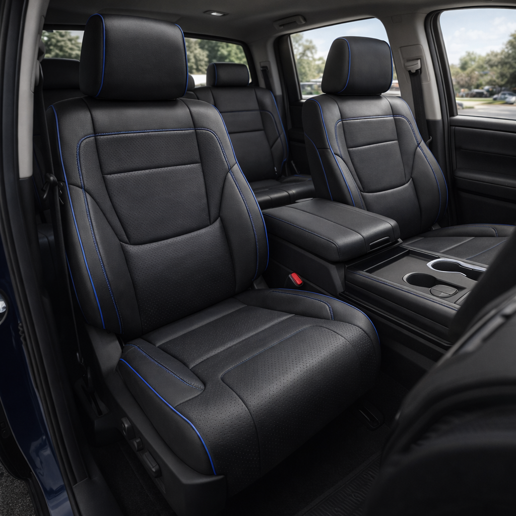 Front in-cabin view of a 2022–2026 Toyota Tundra with an installed Leatherteck leather upholstery kit in Black and Square Perforated Blue with Cobalt stitching and piping, featuring front bucket seats, matching black headrests with blue edge piping, black perforated seatback and cushion inserts, cobalt blue contrast stitching, and cobalt blue edge piping, shown with the center console, armrest, cupholders, rear bench seat, door trim, and black interior visible.