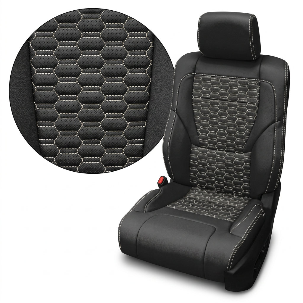 Close-up product image of a 2022–2026 Toyota Tundra Leatherteck leather upholstery kit in black with Bone hex-stitch center inserts, featuring black leather bolsters, Bone contrast stitching, and matching black headrest, shown on a white background with a circular zoom inset highlighting the hexagon stitch pattern, perforated insert texture, leather grain, and double-stitched seam detail.