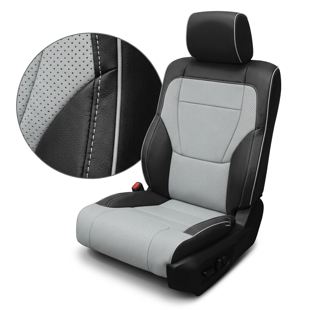 Close-up product image of a 2022–2026 Toyota Tundra Leatherteck leather upholstery kit in black with Cement Gray accents, featuring black leather bolsters, Cement Gray perforated center inserts, Cement Gray perforated seat cushion panels, light contrast stitching, and Cement Gray edge piping, shown on a white background with a circular zoom inset highlighting the leather grain, perforation pattern, double-stitched seam detail, and accent piping.