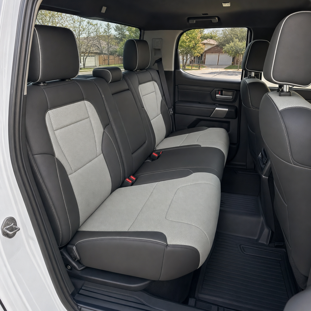  Rear in-cabin view of a 2022–2026 Toyota Tundra with a Leatherteck leather upholstery kit in Black with Cement Gray accents, featuring a rear bench seat, three black headrests, cement gray perforated center seat inserts, black leather bolsters, and light contrast stitching, shown through the open rear passenger door with front seatbacks, rear door panel, seatbelts, red seatbelt buckles, rear window, black all-weather floor liner, and white exterior door frame visible.

