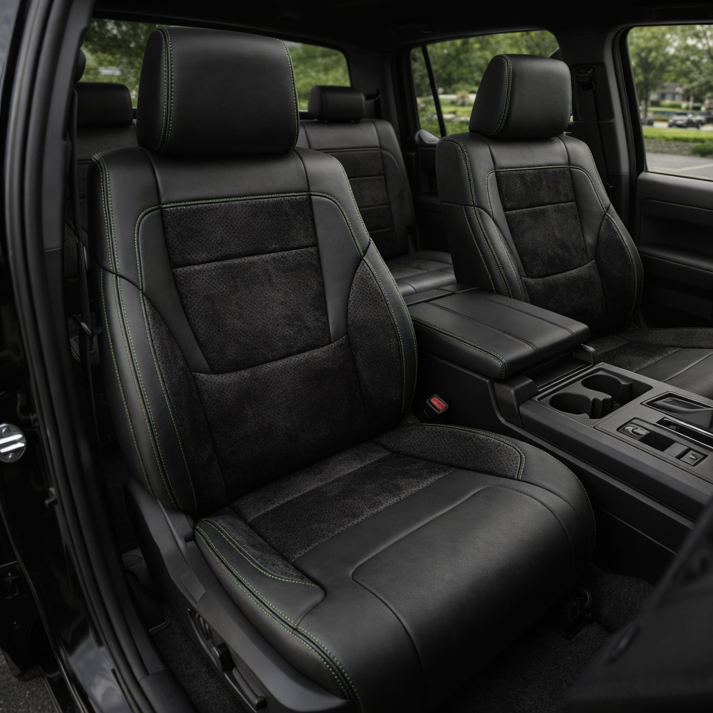 Front in-cabin view of a 2022–2026 Toyota Tundra with an installed Leatherteck leather upholstery kit in black with Evergreen contrast stitching, featuring black perforated center inserts, black leather bolsters, and green-accent double stitching, shown from the open driver-side door with the front bucket seats, headrests, center console/armrest, cupholders, door panel, rear bench seat, and black floor area visible.