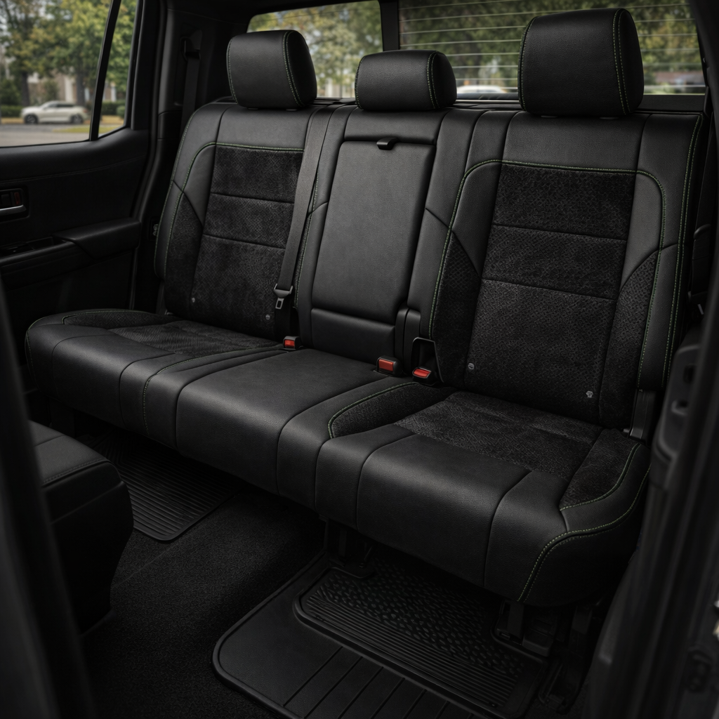 Rear in-cabin view of a 2022–2026 Toyota Tundra with an installed Leatherteck leather upholstery kit in black with Evergreen contrast stitching, featuring a rear bench seat with black perforated center inserts, black leather bolsters, green double-stitched seam accents, and three black headrests, shown through the open rear door with seatbelts, red seatbelt buckles, rear door panel, rear window, black carpet, and all-weather floor mats visible.