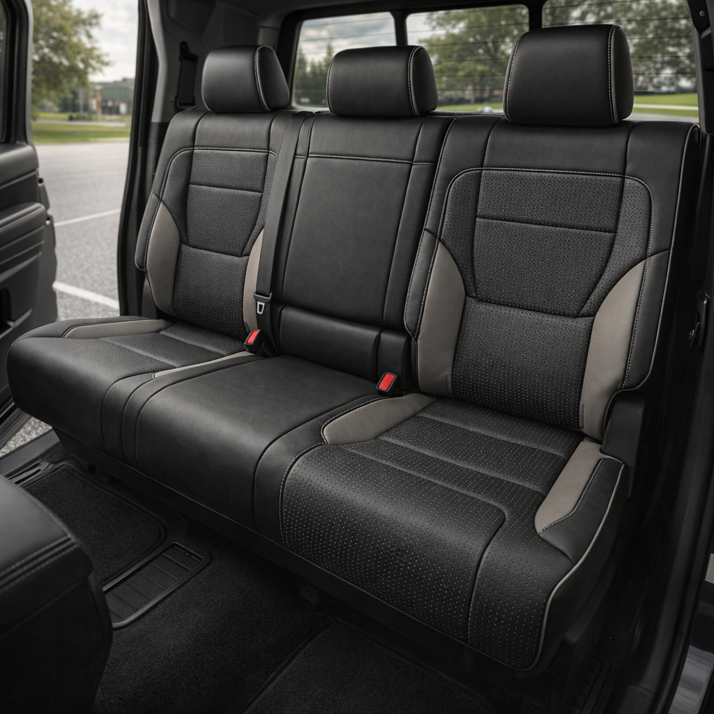 Rear in-cabin view of a 2022–2026 Toyota Tundra with an installed Leatherteck leather upholstery kit in black with Flint and Ash accents, featuring a rear bench seat with textured black center inserts, Flint and Ash side accent panels, light contrast stitching, and matching black headrests, shown through the open rear door with the seatbelts/buckles, rear door panel, rear window, black carpet, and floor mat visible.

