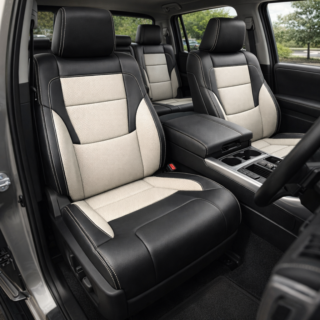 Front in-cabin view of a 2022–2026 Toyota Tundra with an installed Leatherteck leather upholstery kit in black with pearl white perforated center inserts, pearl white perforated accent panels, and pearl white contrast stitching, shown from the open driver-side door with the front bucket seats, headrests, center console/armrest, cupholders, steering wheel, rear bench seat, door panel, and black floor mat visible.